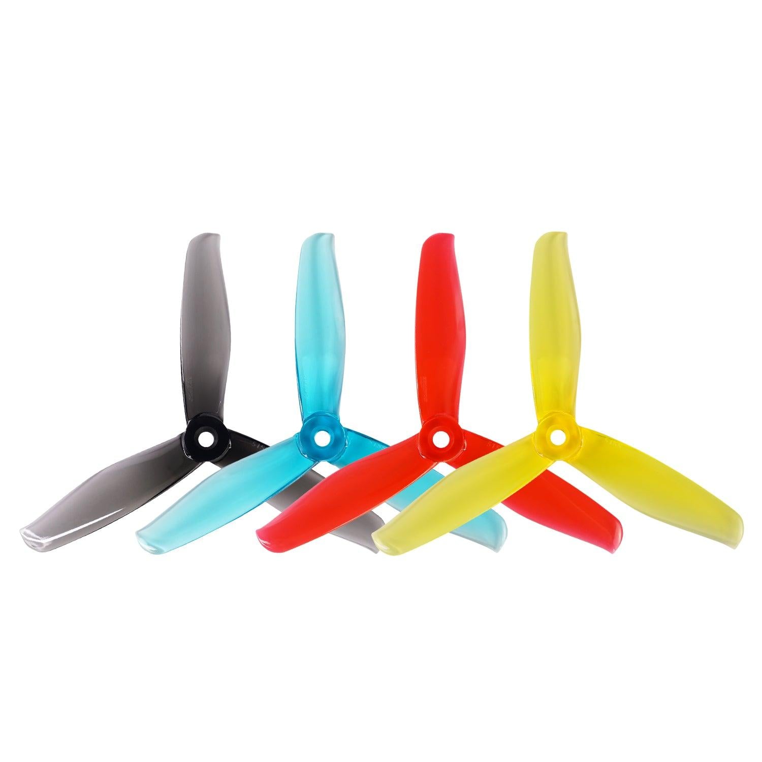 Gemfan DYH 5155-3 drone soccer propellers in black, blue, red and yellow, three-blade set