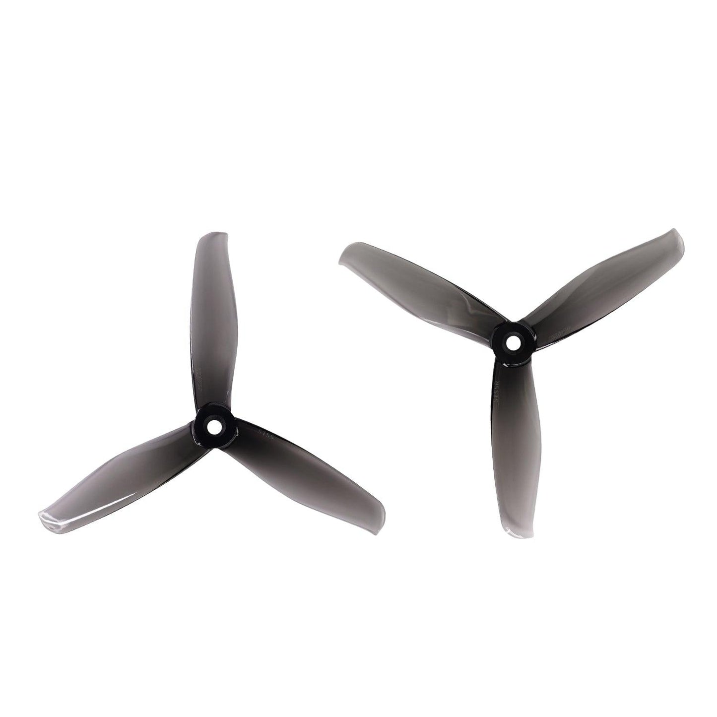 Black three-blade propeller pair with hub holes, top view on white background