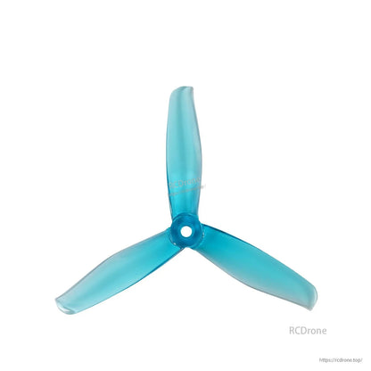 Single blue three-blade drone propeller, top view with center mounting hole