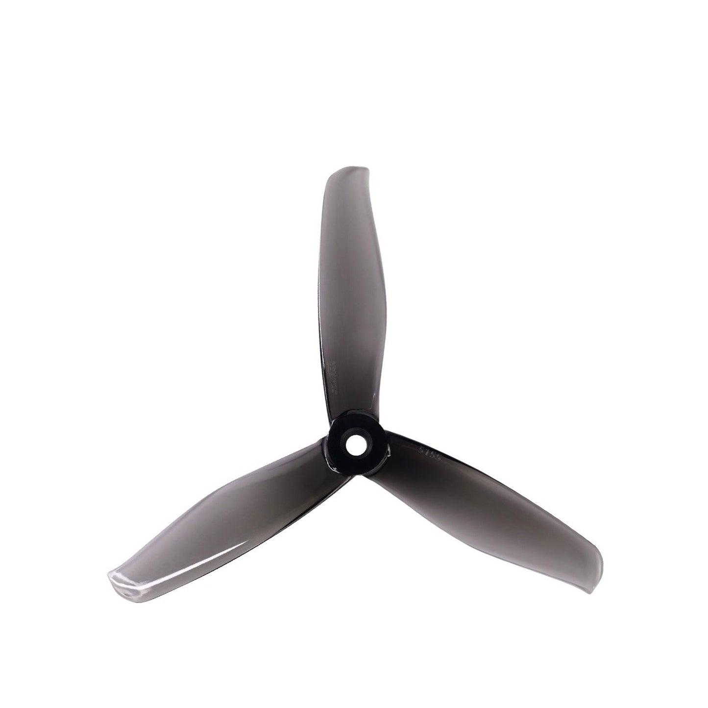 Single black three-blade drone propeller, top view with center mounting hole
