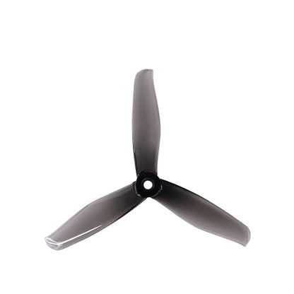 Single black three-blade drone propeller, top view with center mounting hole