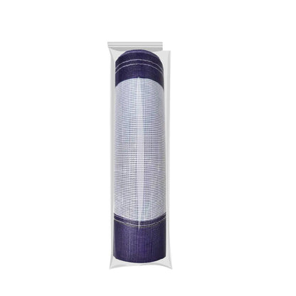 Rolled Gemfan racing gate fabric in clear plastic sleeve, blue and white mesh material