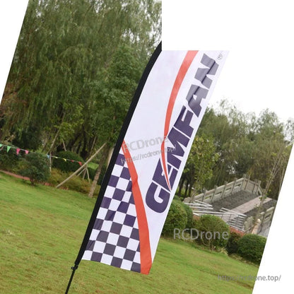 Outdoor feather flag banner with GEMFAN logo and checkered pattern displayed on grass field