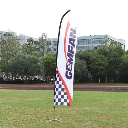 Gemfan Flag-L4.6M folding flag banner kit set up on grass field with curved pole and base