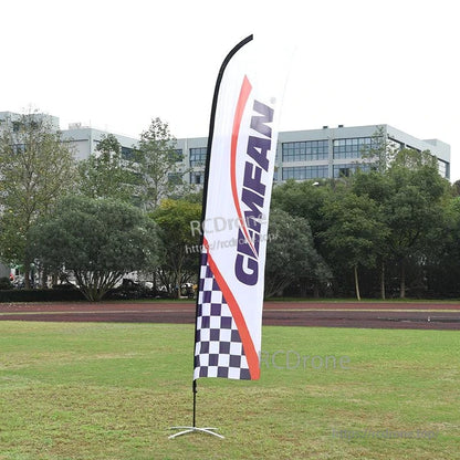 Tall feather flag banner on outdoor field, GEMFAN print with checkered lower panel and curved top