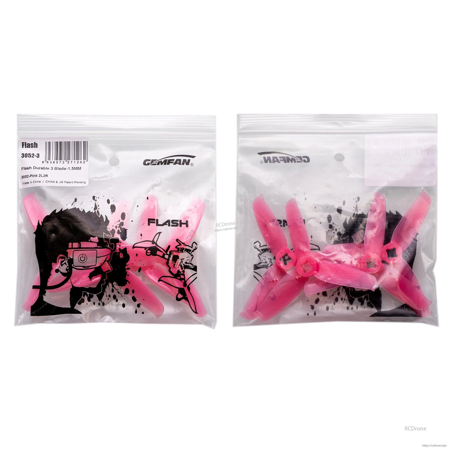 Gemfan Flash 3052-3 PC 3-blade propeller pack shown front and back, pink props in sealed bag
