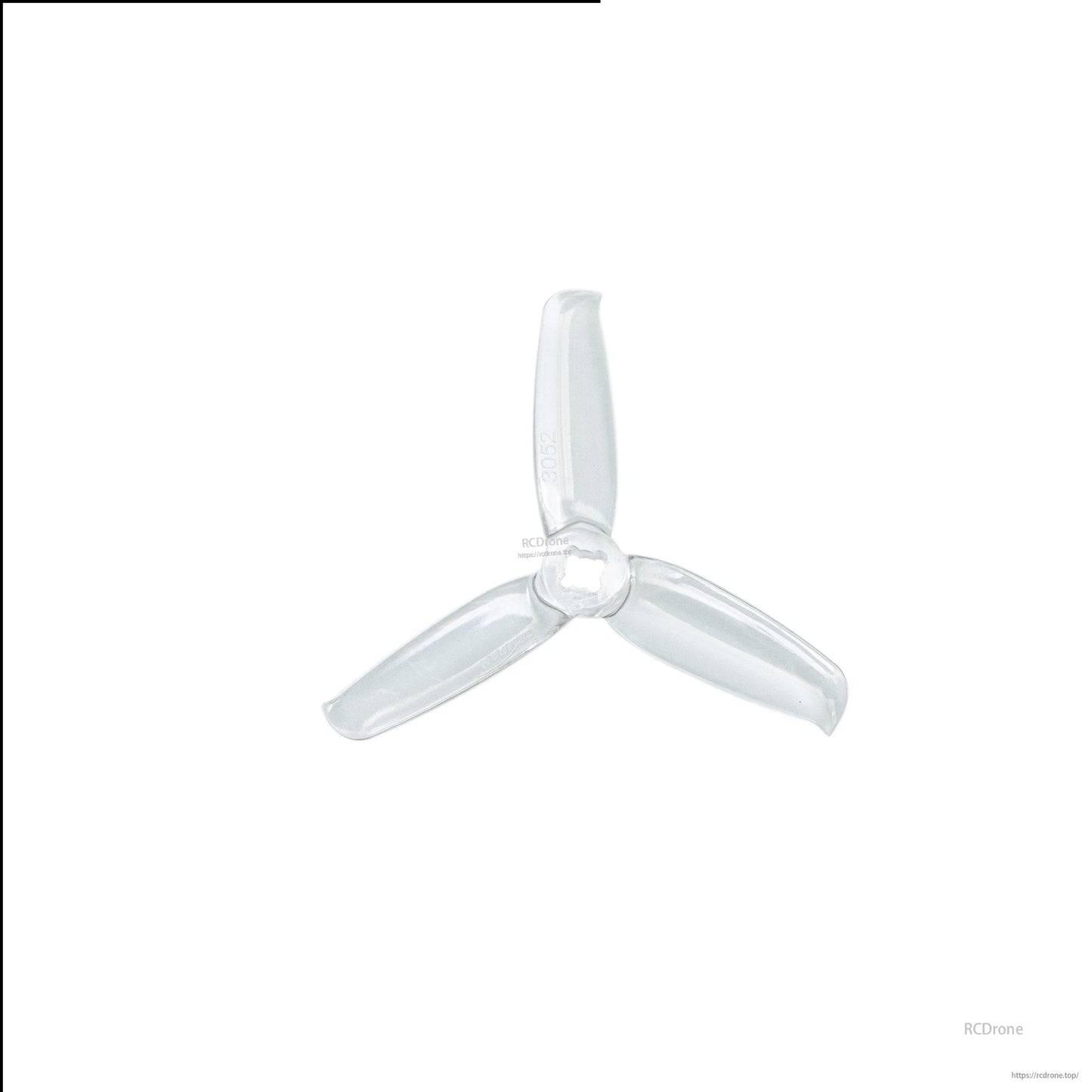 Clear transparent 3-blade drone propeller, close-up top view