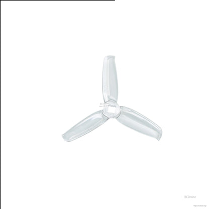Clear transparent 3-blade drone propeller, close-up top view