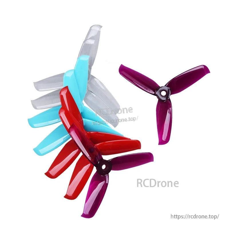 Gemfan Flash 4052-3 PC 3-blade propeller set shown in multiple colors, assorted tri-blade props