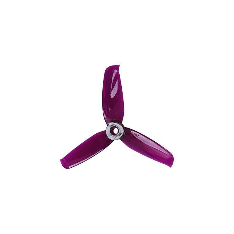 Purple 3-blade FPV drone propeller with 5mm hub, front view showing molded hub detail