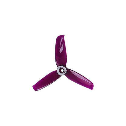 Purple 3-blade FPV drone propeller with 5mm hub, front view showing molded hub detail