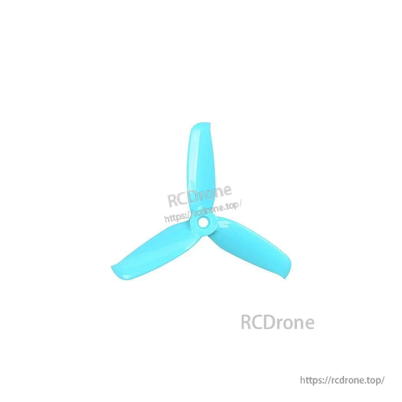 Light blue 3-blade drone propeller with 5mm center hub on white background