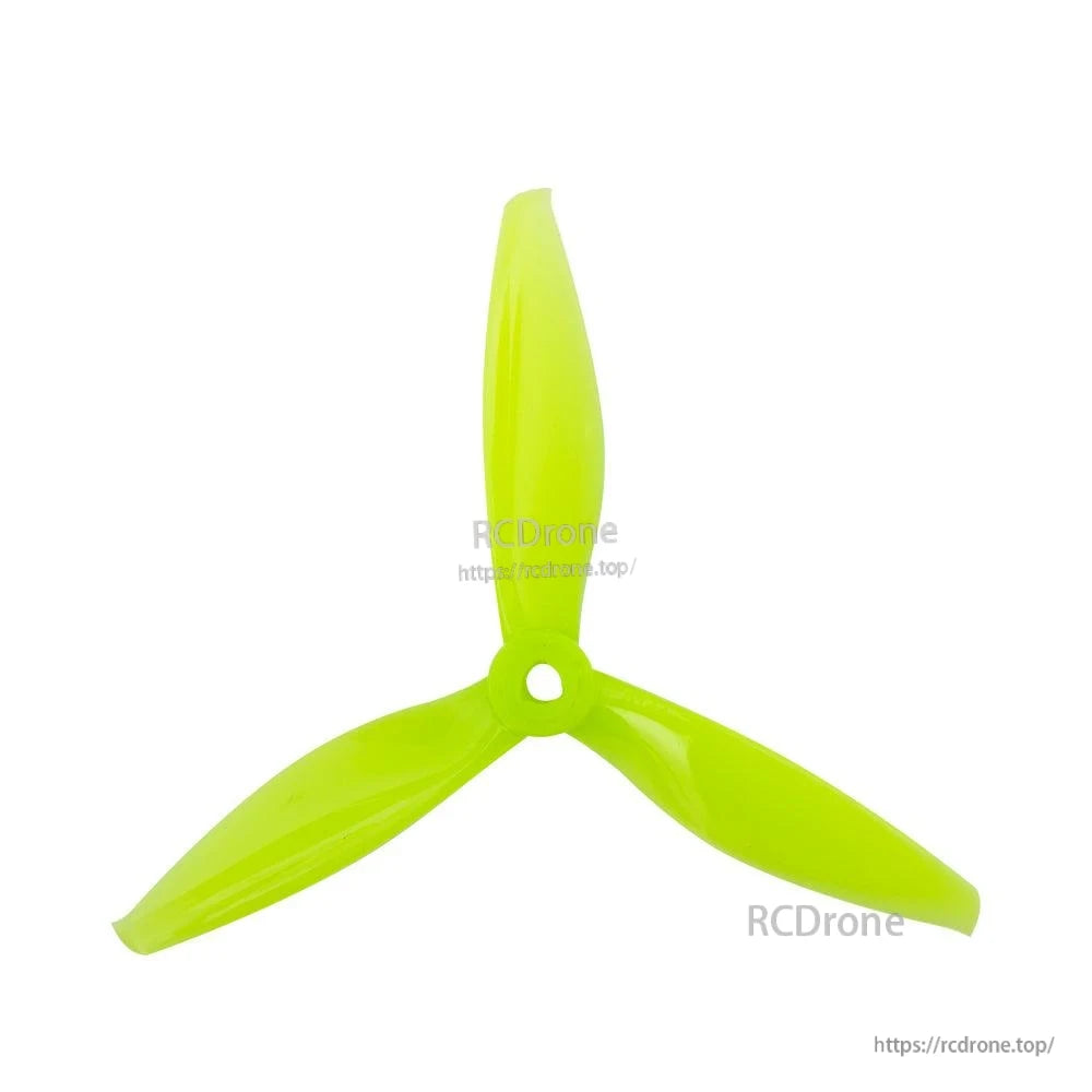 Neon yellow 3-blade FPV drone propeller, 5mm hub hole, top-down view