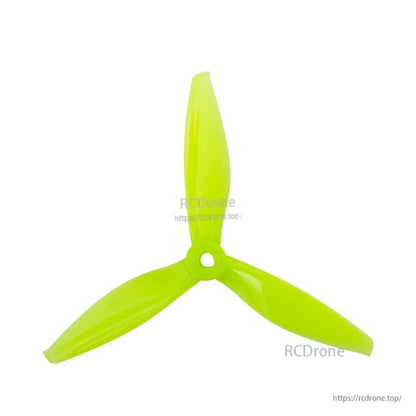 Neon yellow 3-blade FPV drone propeller, 5mm hub hole, top-down view
