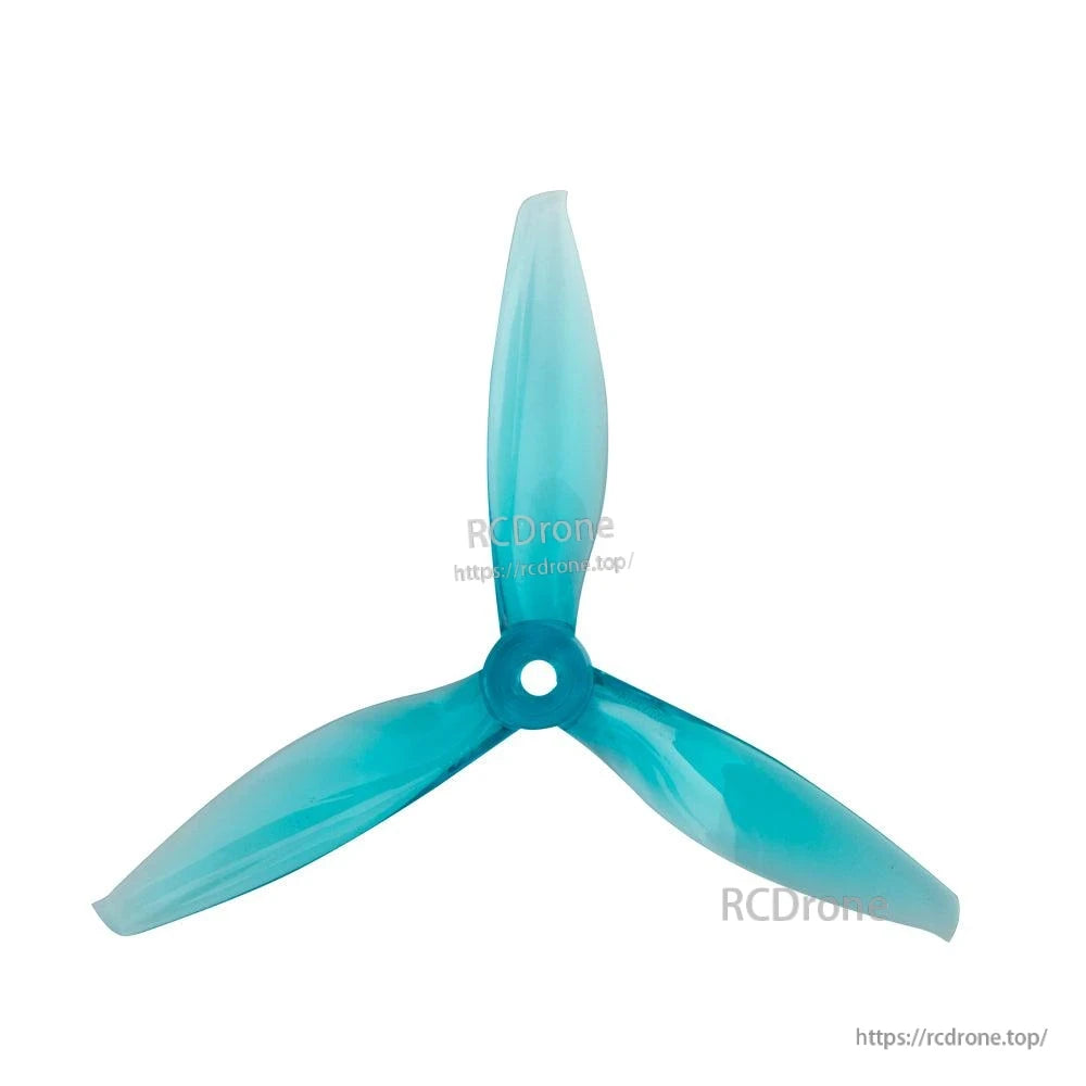 Translucent teal blue 3-blade FPV drone propeller, 5mm hub hole