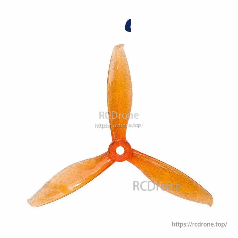 Translucent orange tri-blade propeller, 3-blade design with round hub and mounting hole