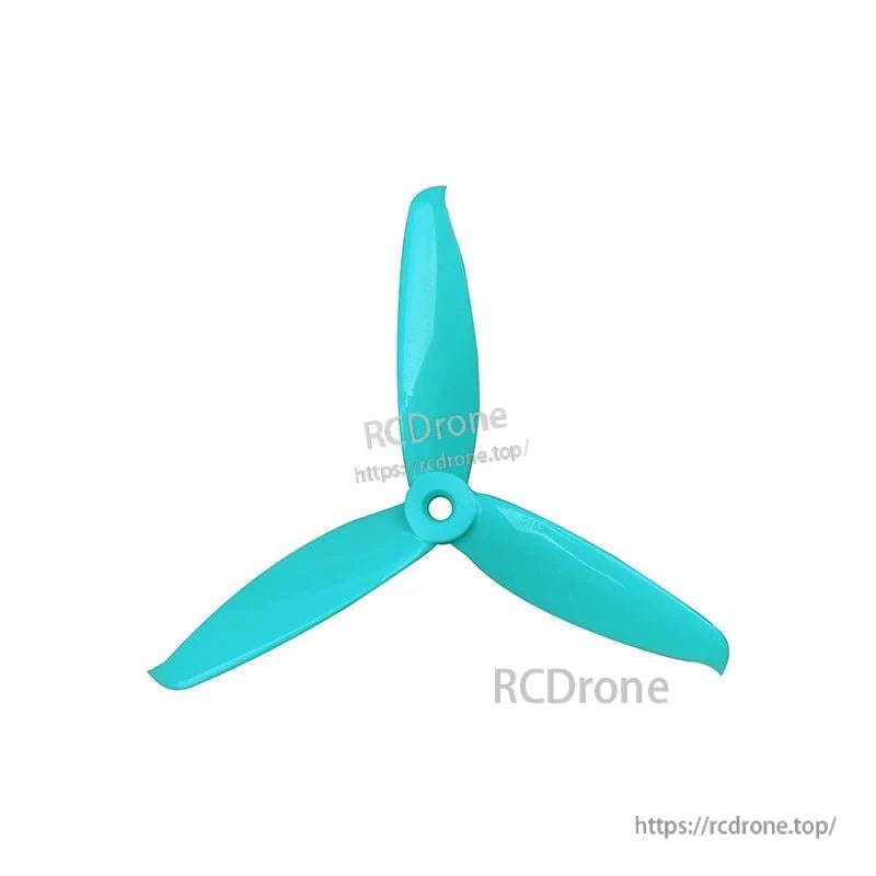 Turquoise 3-blade propeller top view with center mounting hole and smooth curved blade tips