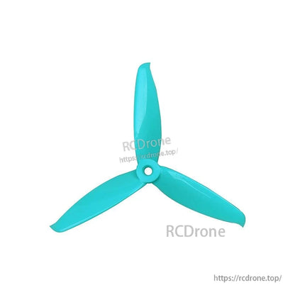 Turquoise 3-blade propeller top view with center mounting hole and smooth curved blade tips