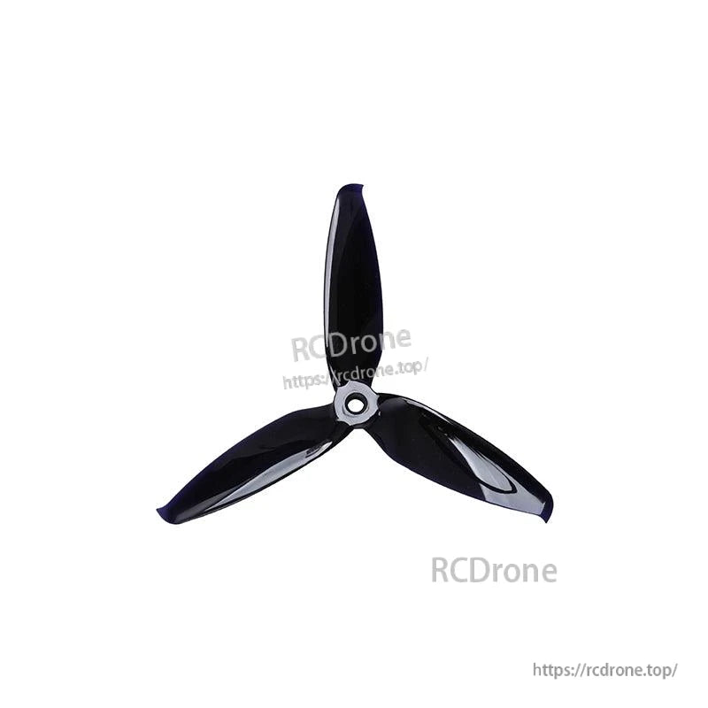 Gloss black 3-blade propeller top view highlighting curved blade tips and center hub