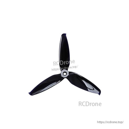 Gloss black 3-blade propeller top view highlighting curved blade tips and center hub