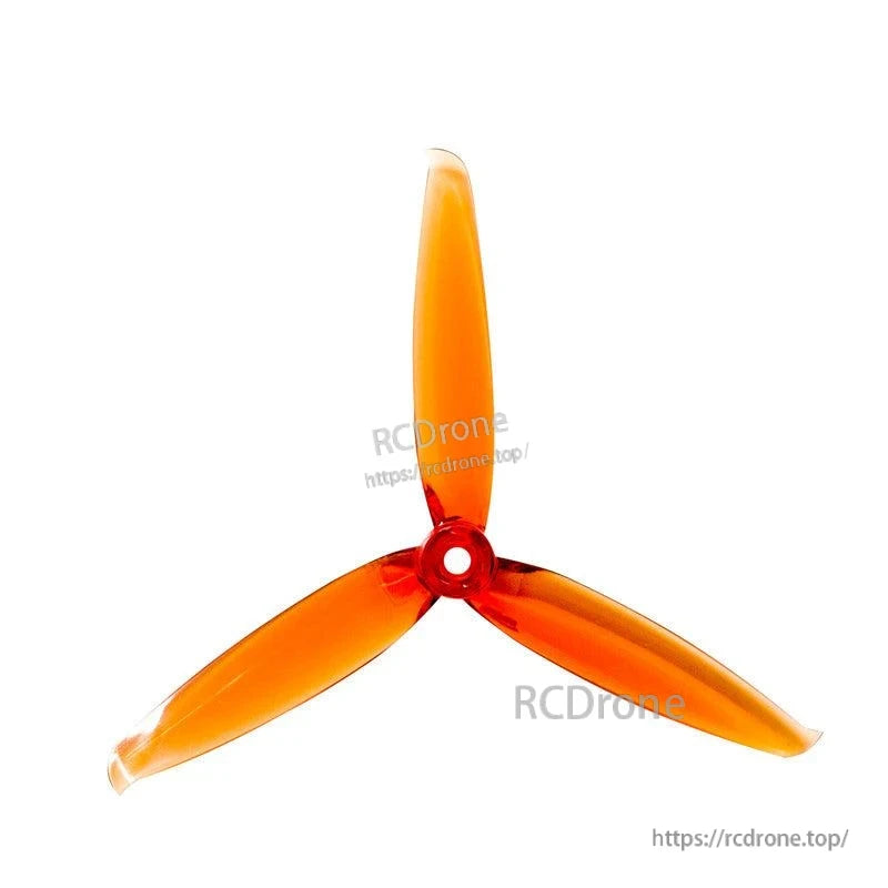 Orange translucent 3-blade propeller with red hub, top view showing center mounting hole
