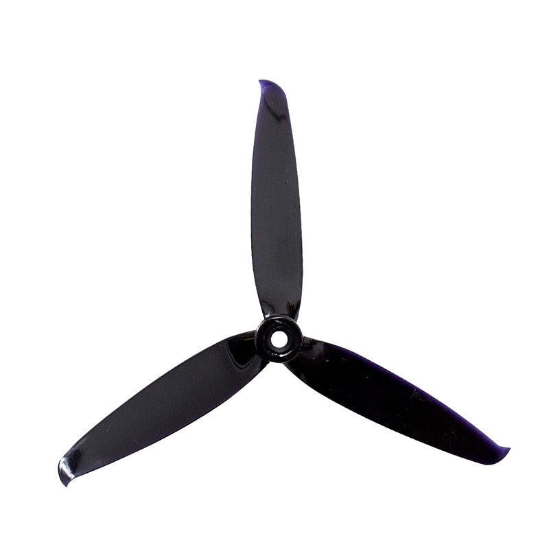 Black 3-blade drone propeller, top view showing blade profile and center hub hole