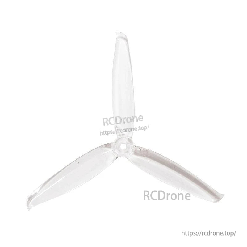 Clear transparent 3-blade propeller, top view showing curved blades and center hub opening