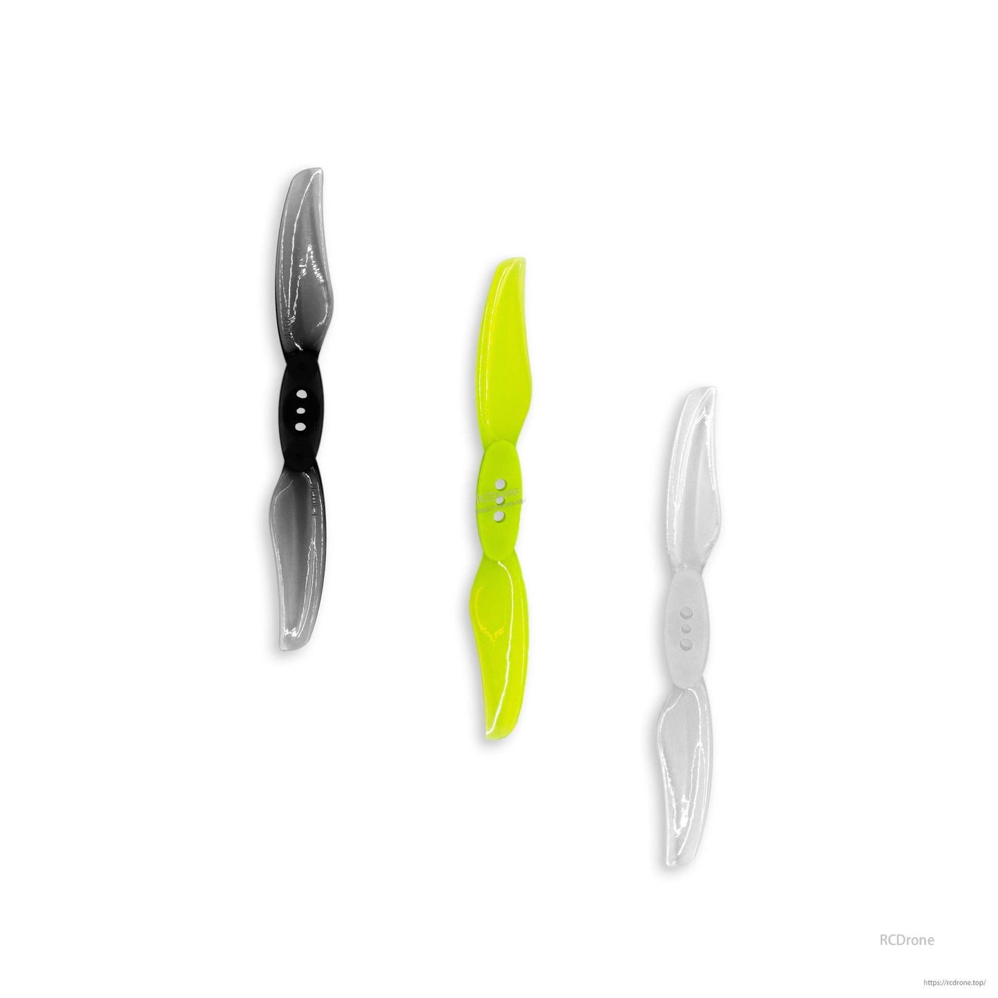 Gemfan Floppy Proppy 3015-2 propellers shown in three colors: black, neon yellow, and clear