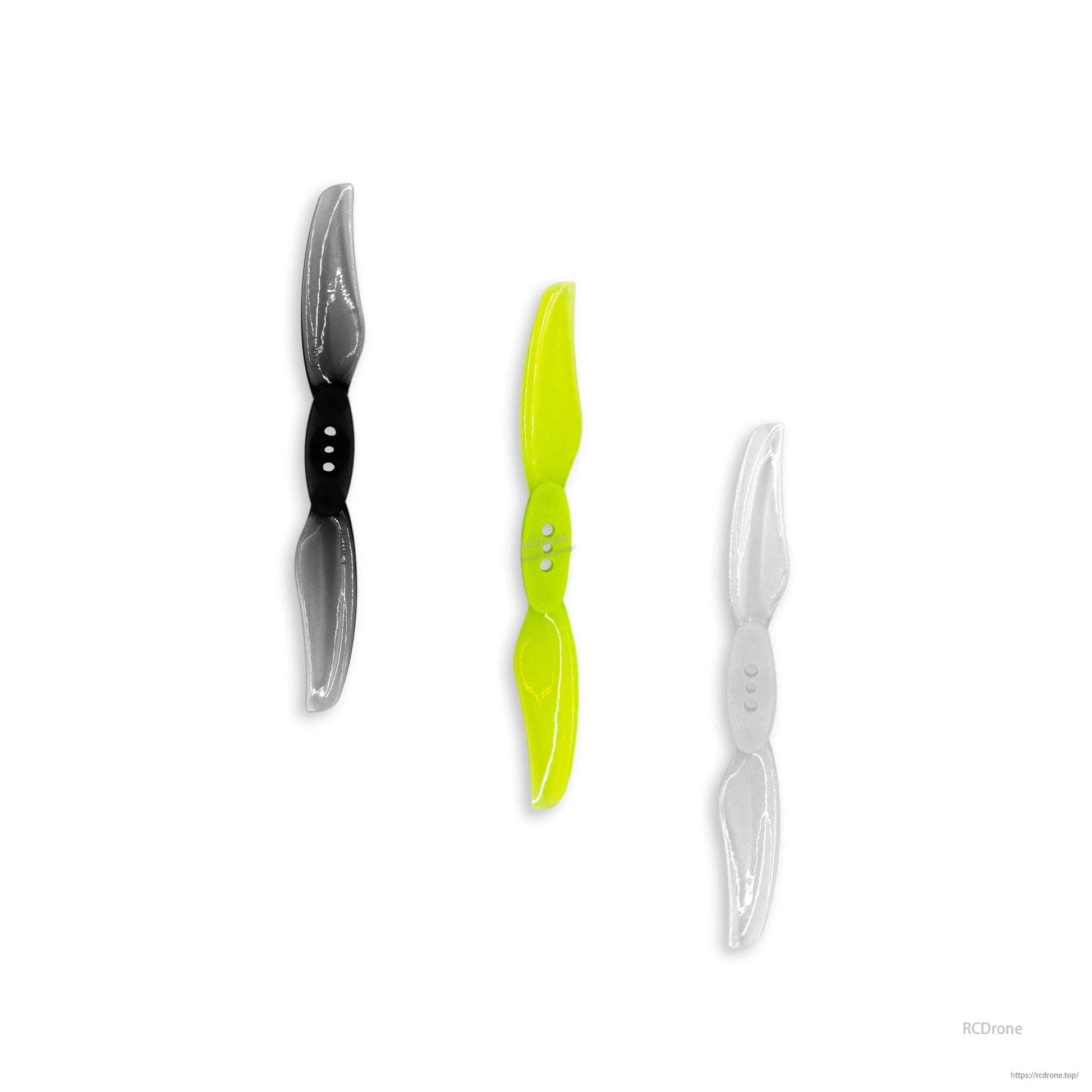 Gemfan Floppy Proppy 3015-2 propellers shown in three colors: black, neon yellow, and clear