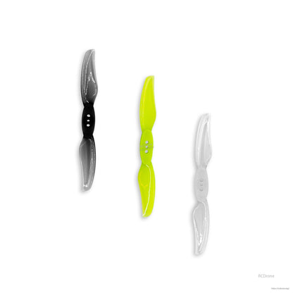 Gemfan Floppy Proppy 3015-2 propellers shown in three colors: black, neon yellow, and clear