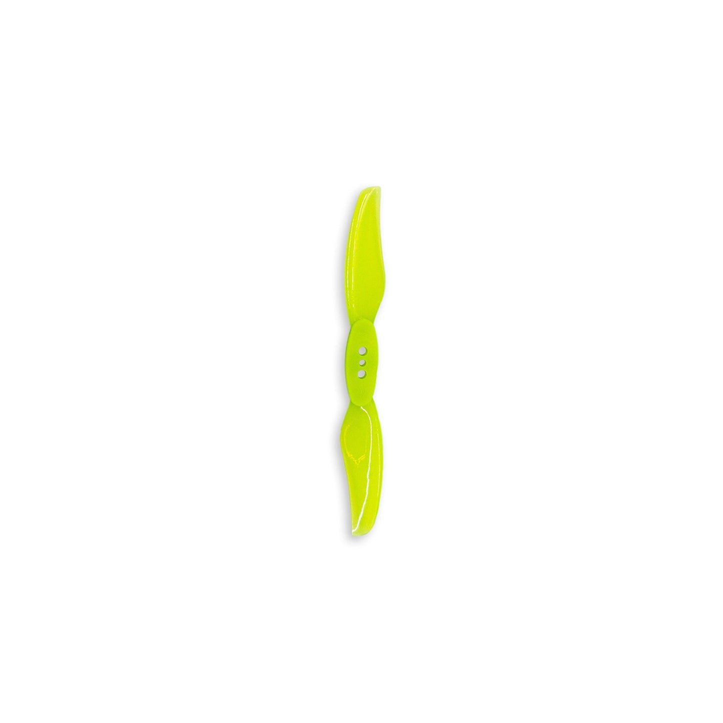 Two-blade drone propeller in neon yellow PC, centered product shot on white background
