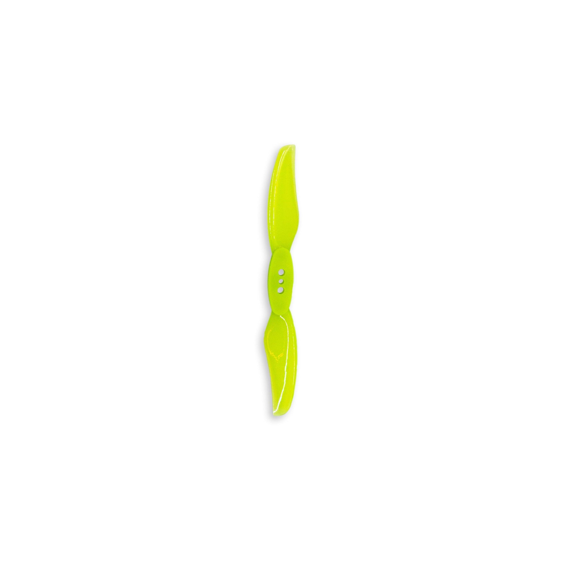 Two-blade drone propeller in neon yellow PC, centered product shot on white background