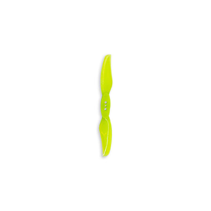 Two-blade drone propeller in neon yellow PC, centered product shot on white background
