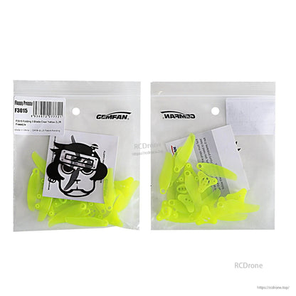 Neon yellow folding prop blades in Gemfan F3015 zip bag, shown front and back with inserts