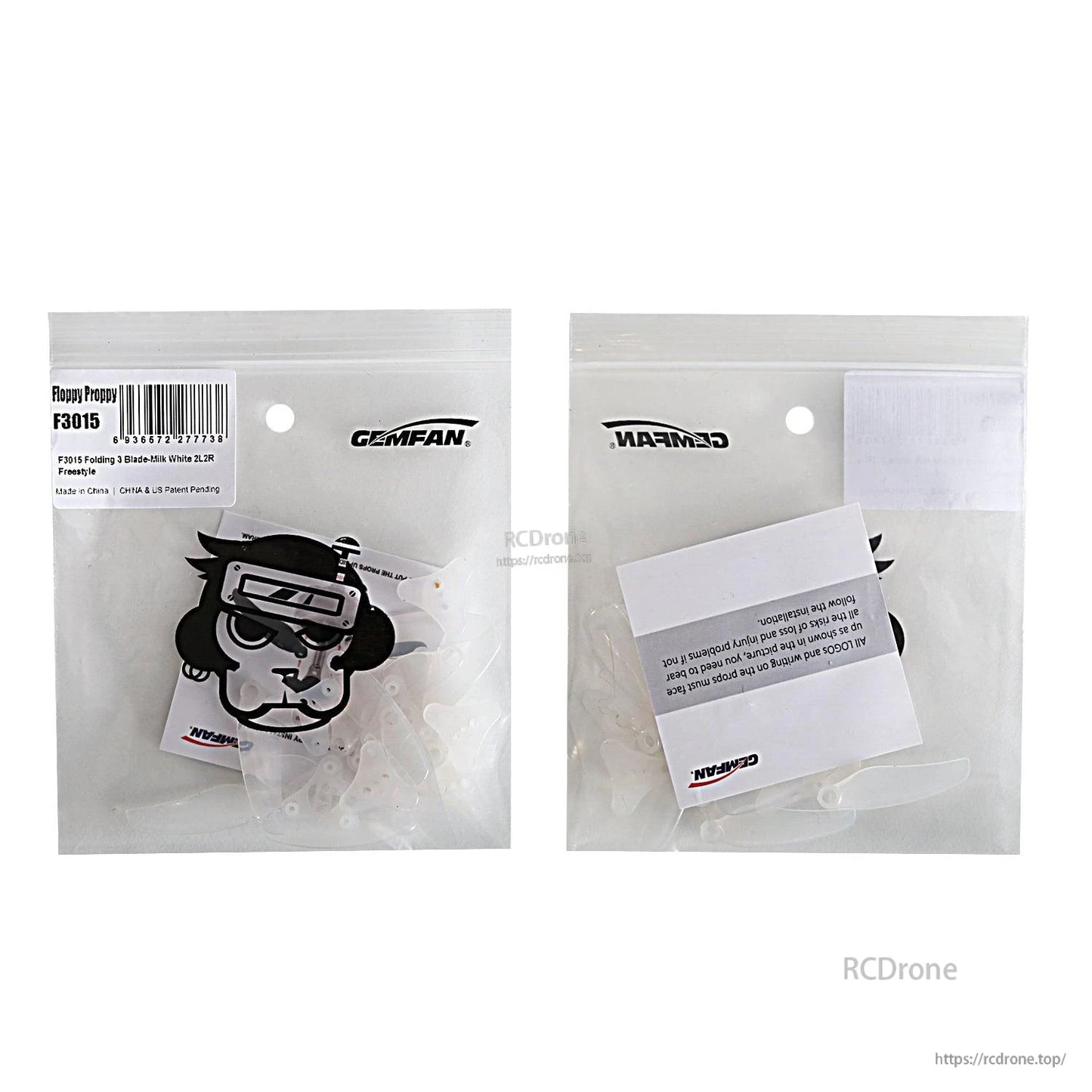 Gemfan Floppy Proppy F3015 retail packaging, front and back of bag with label and inserts