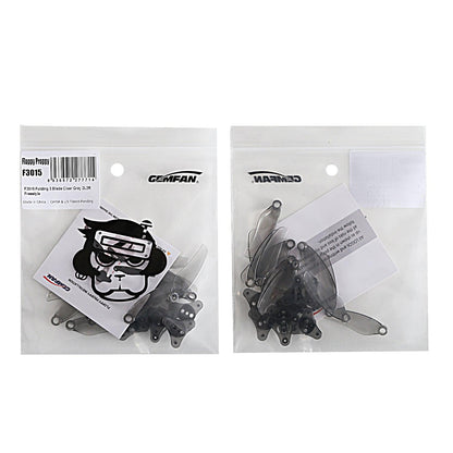 Translucent gray folding prop blades in Gemfan F3015 zip bag, front and back package view