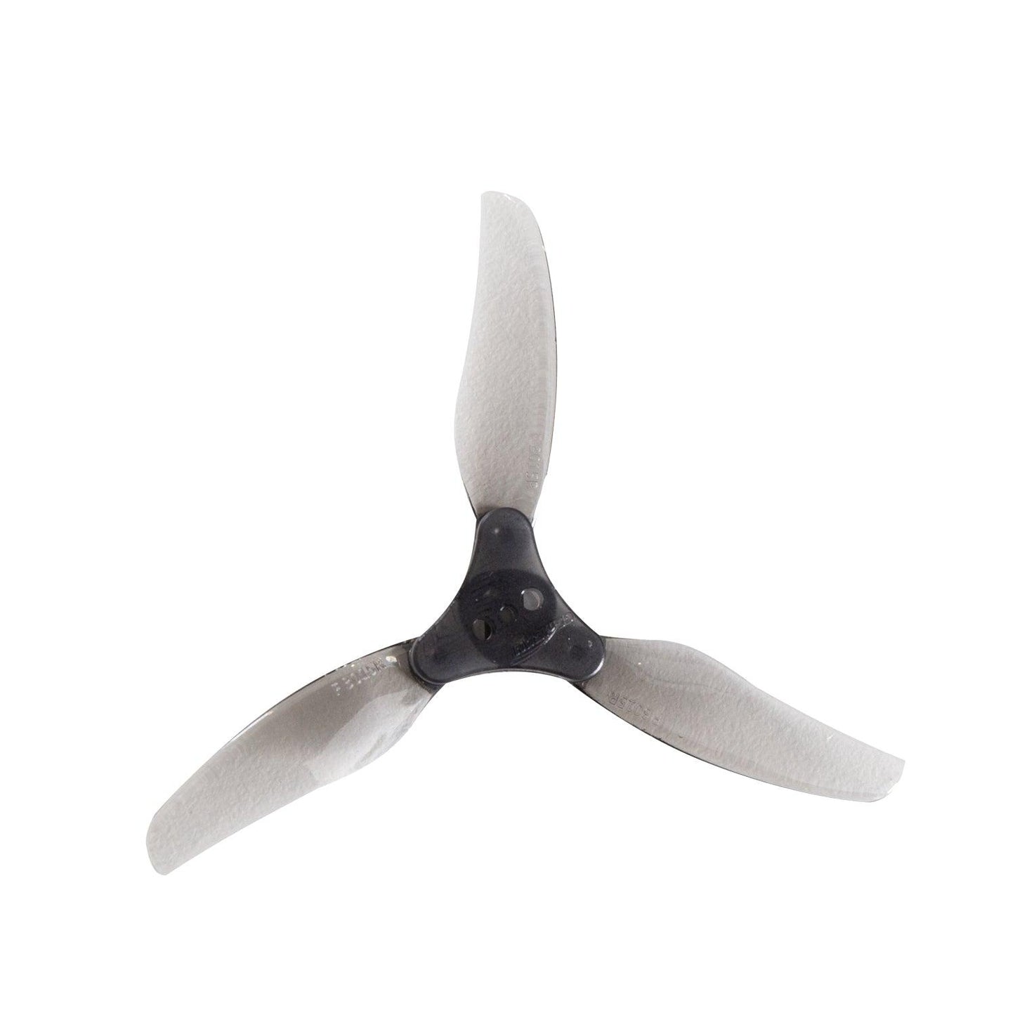 Assembled 3015-3 tri-blade folding prop with black center hub and translucent gray blades
