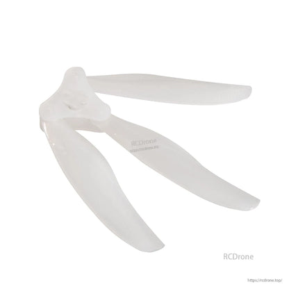Clear/white 3-blade folding propeller, side angle showing curved blades and folded configuration