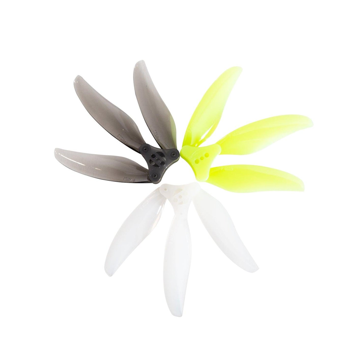 Gemfan Floppy Proppy 4019-3 folding 3-blade propellers shown in smoke gray, neon yellow, and clear