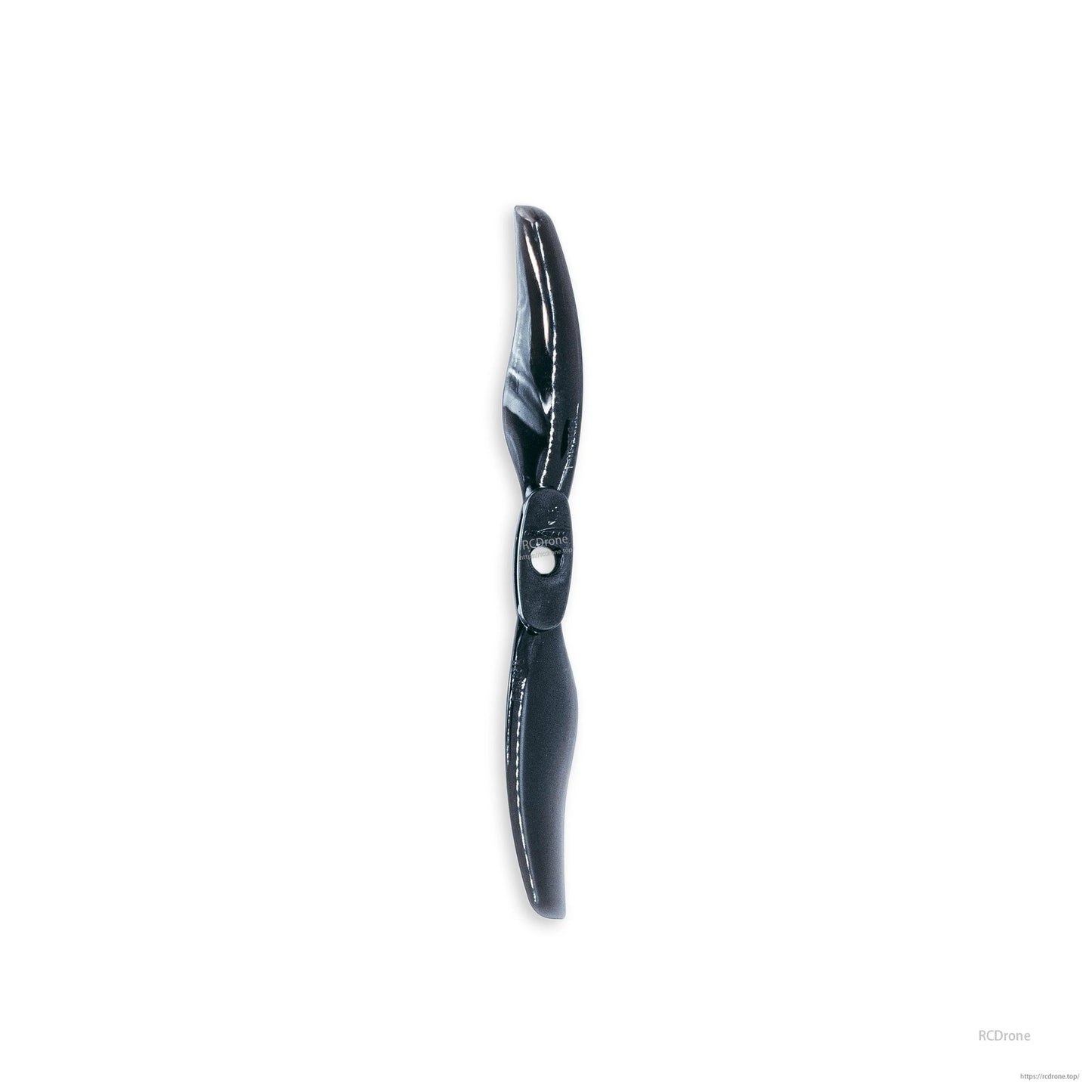 Black two-blade propeller with center mounting hole, single prop isolated on white background
