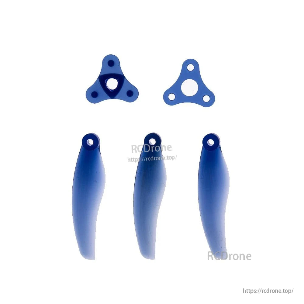 Disassembled folding propeller parts: three blades plus hub plates for 5mm/POPO mount