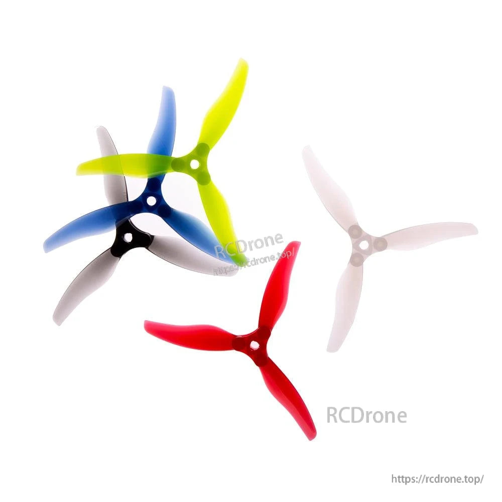 Assorted color folding 3-blade propellers shown together (blue, gray, red, yellow-green, clear)
