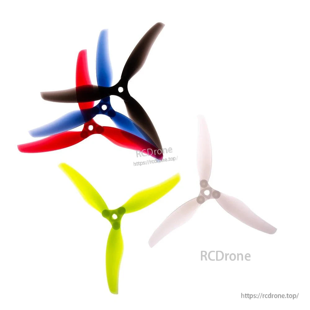 Color options comparison for folding tri-blade props: black, red, blue, neon yellow, and clear