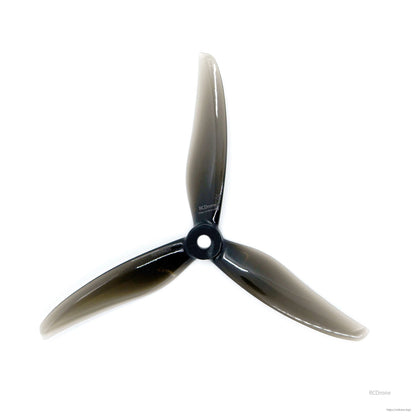 Smoke gray 3-blade drone propeller, top-down view highlighting curved blades