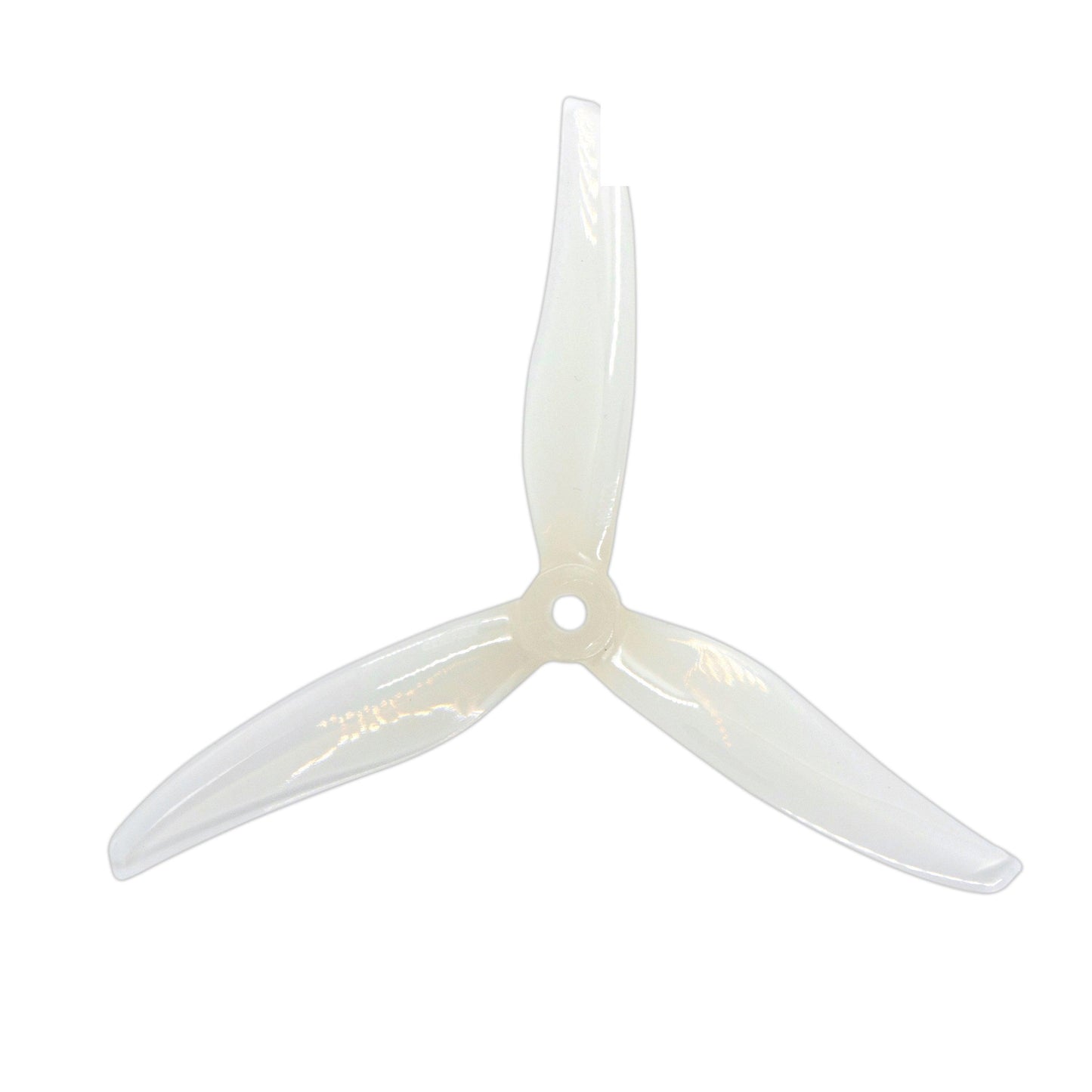 Translucent white 3-blade drone propeller, top-down view with center mounting hole