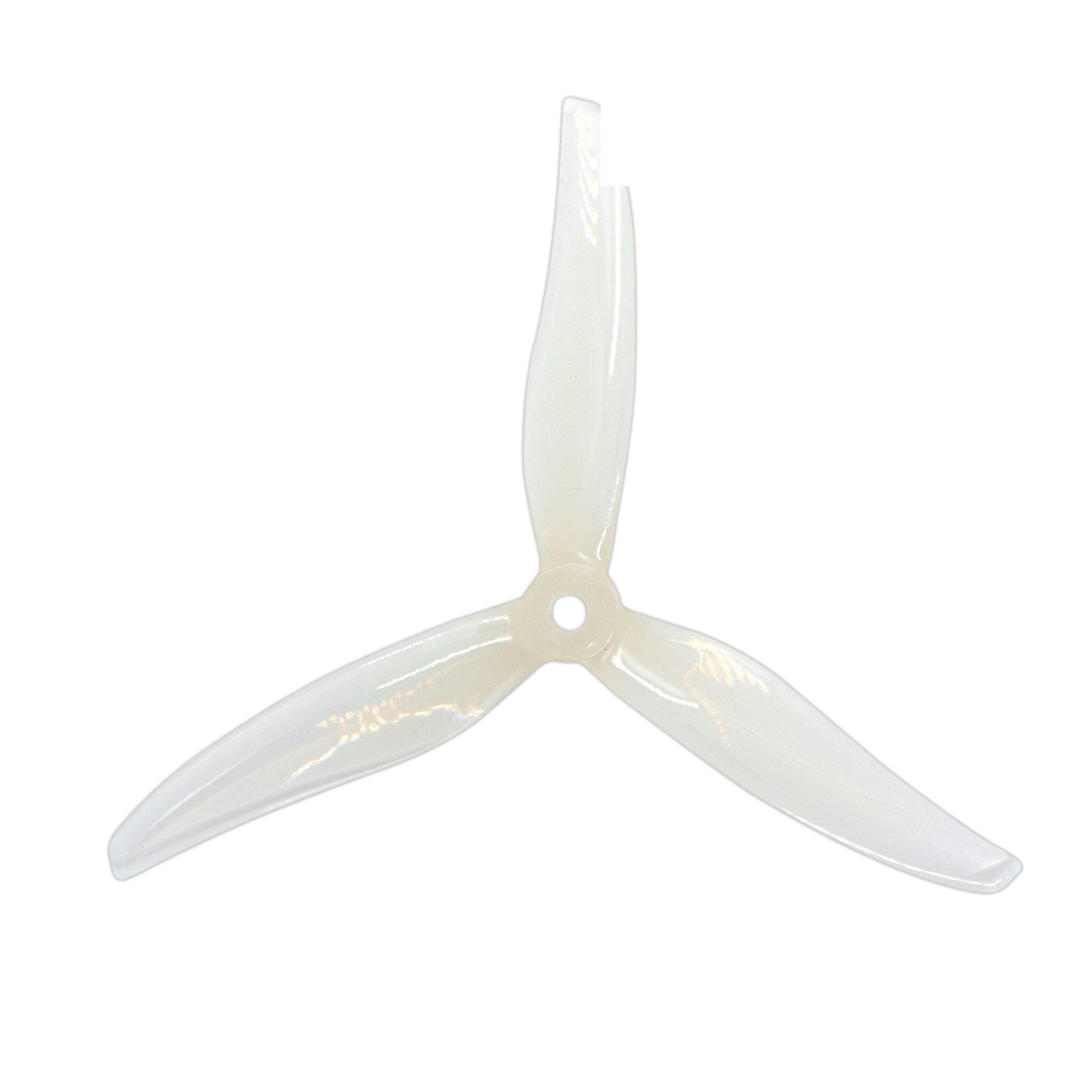 Translucent white 3-blade drone propeller, top-down view with center mounting hole