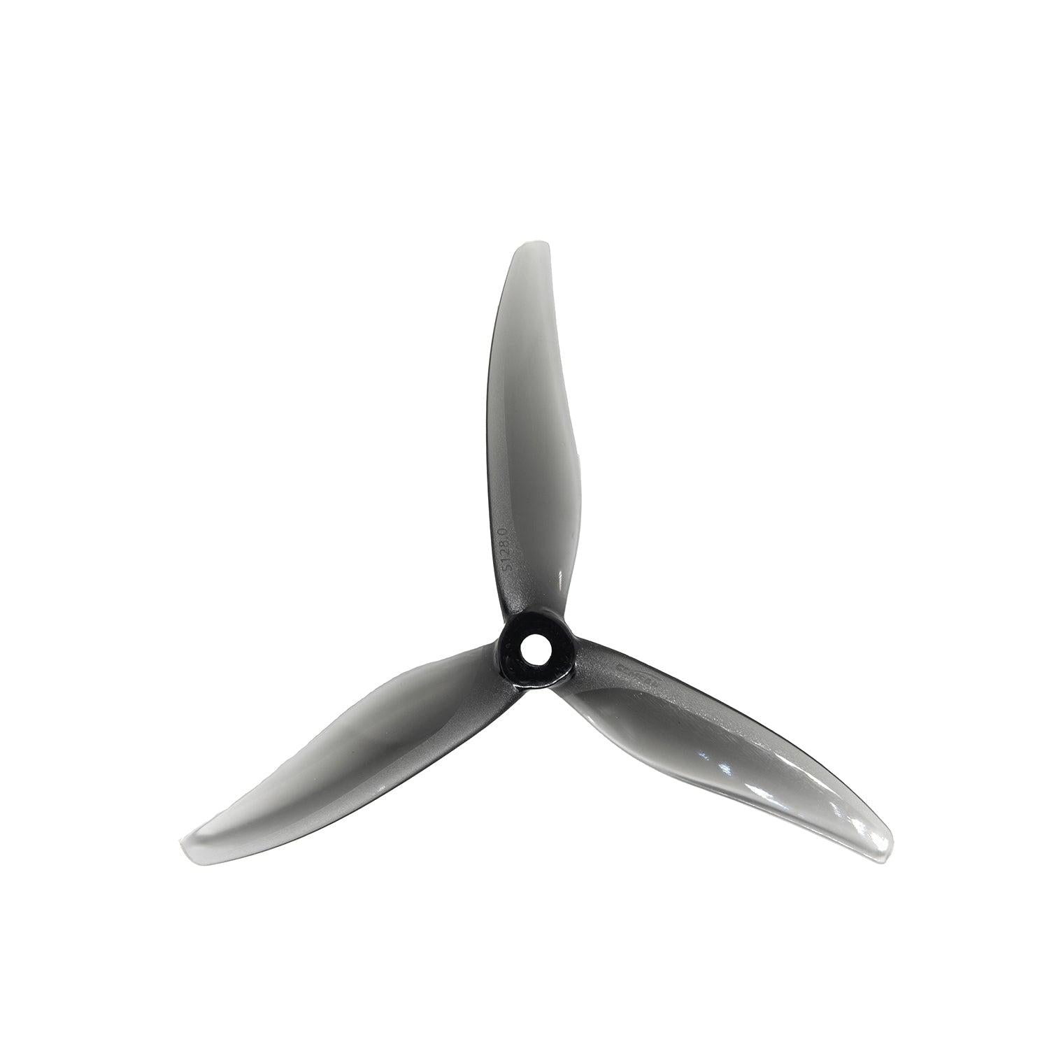 Gemfan Fury 5128.0 5in 2.8in pitch tri-blade FPV propeller, smoke black, top view
