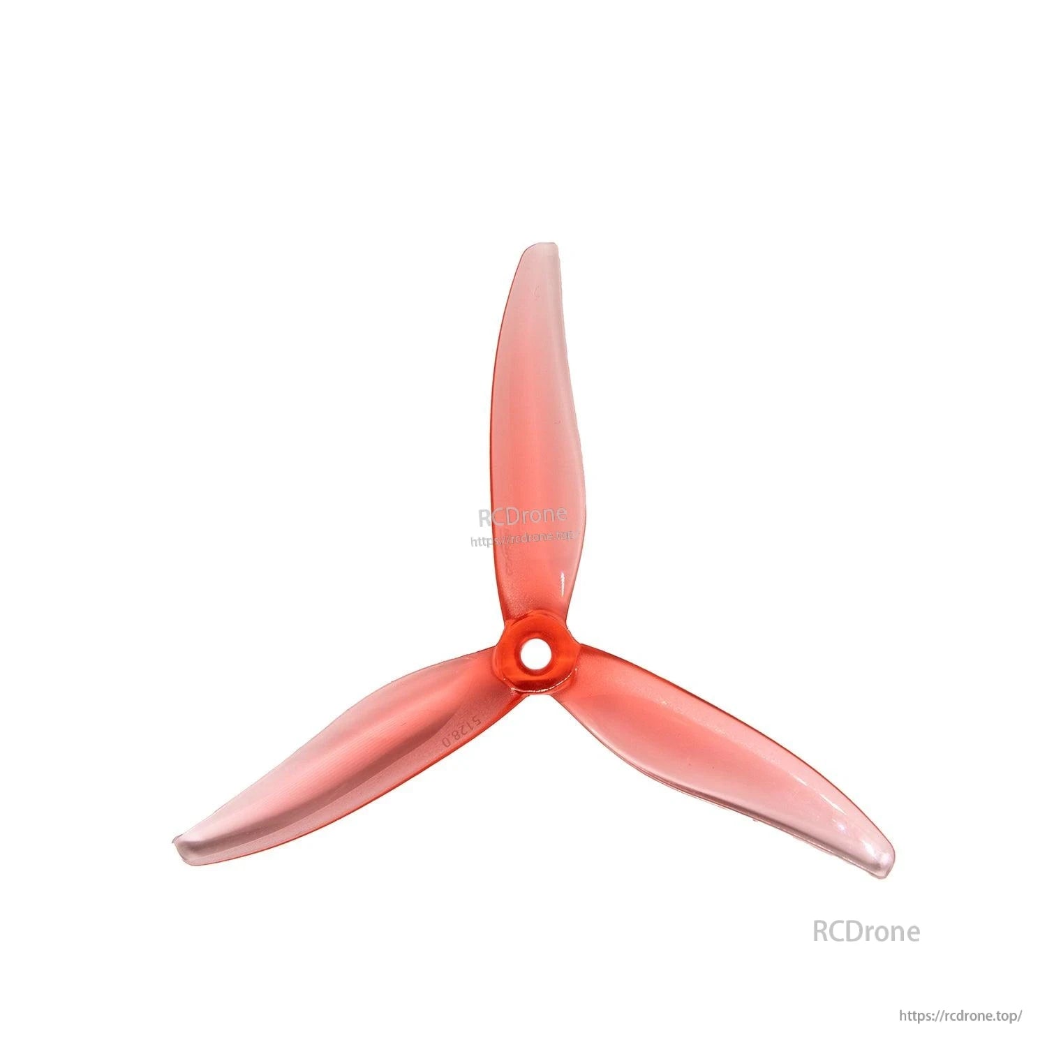 Tri-blade FPV drone propeller in translucent red, top view