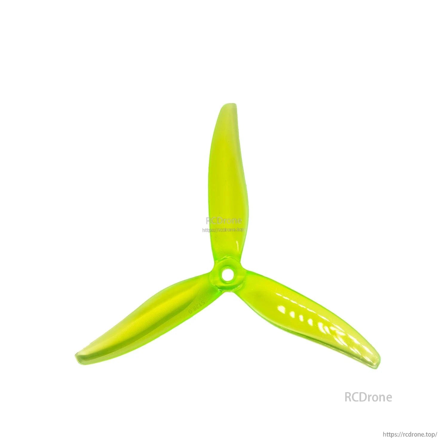 Tri-blade FPV drone propeller in neon green, top view