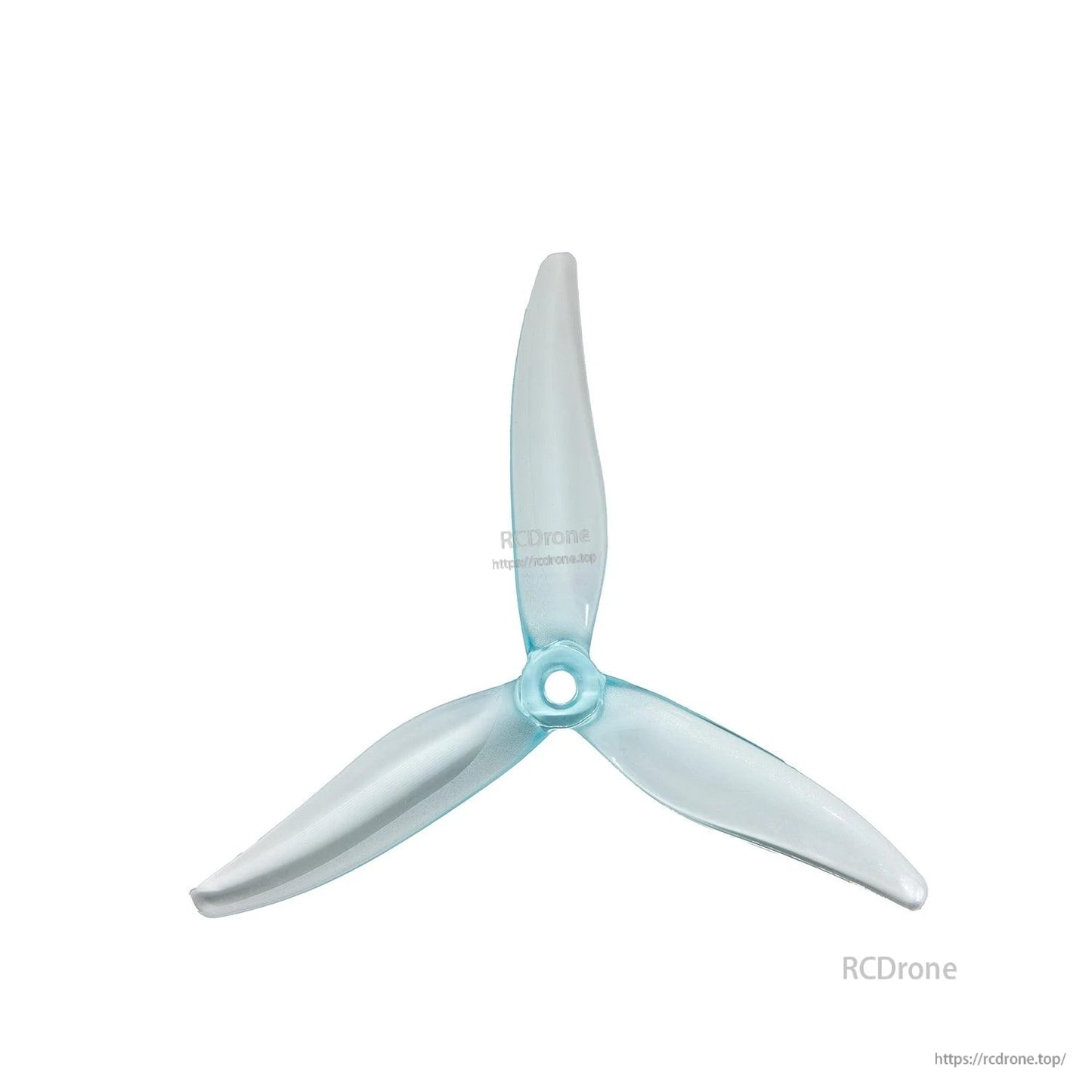 Tri-blade FPV drone propeller in translucent light blue, top view